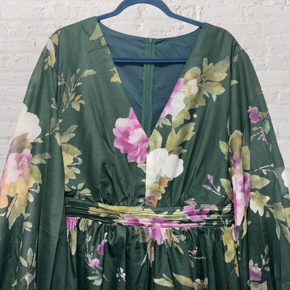 4X (FITS LIKE A 3X) Green Chiffon Floral Print Lantern Sleeve Maxi DressNWT - Picture 3 of 10